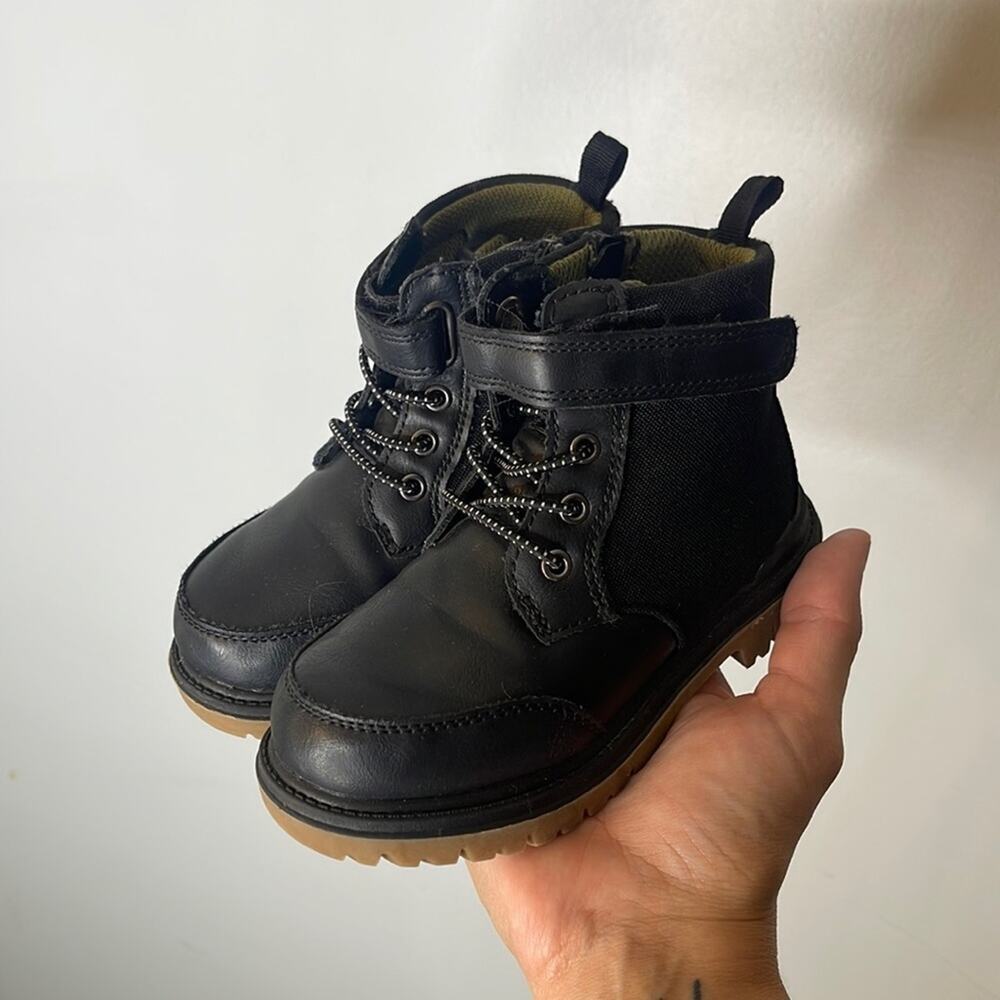 WONDER NATION Black Faux Leather Combat Style Boots Size 8